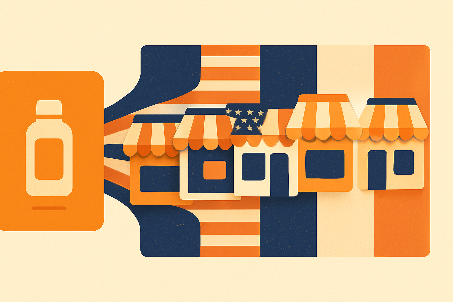 Illustration of a single product photo fanning out into several storefront tiles across regions