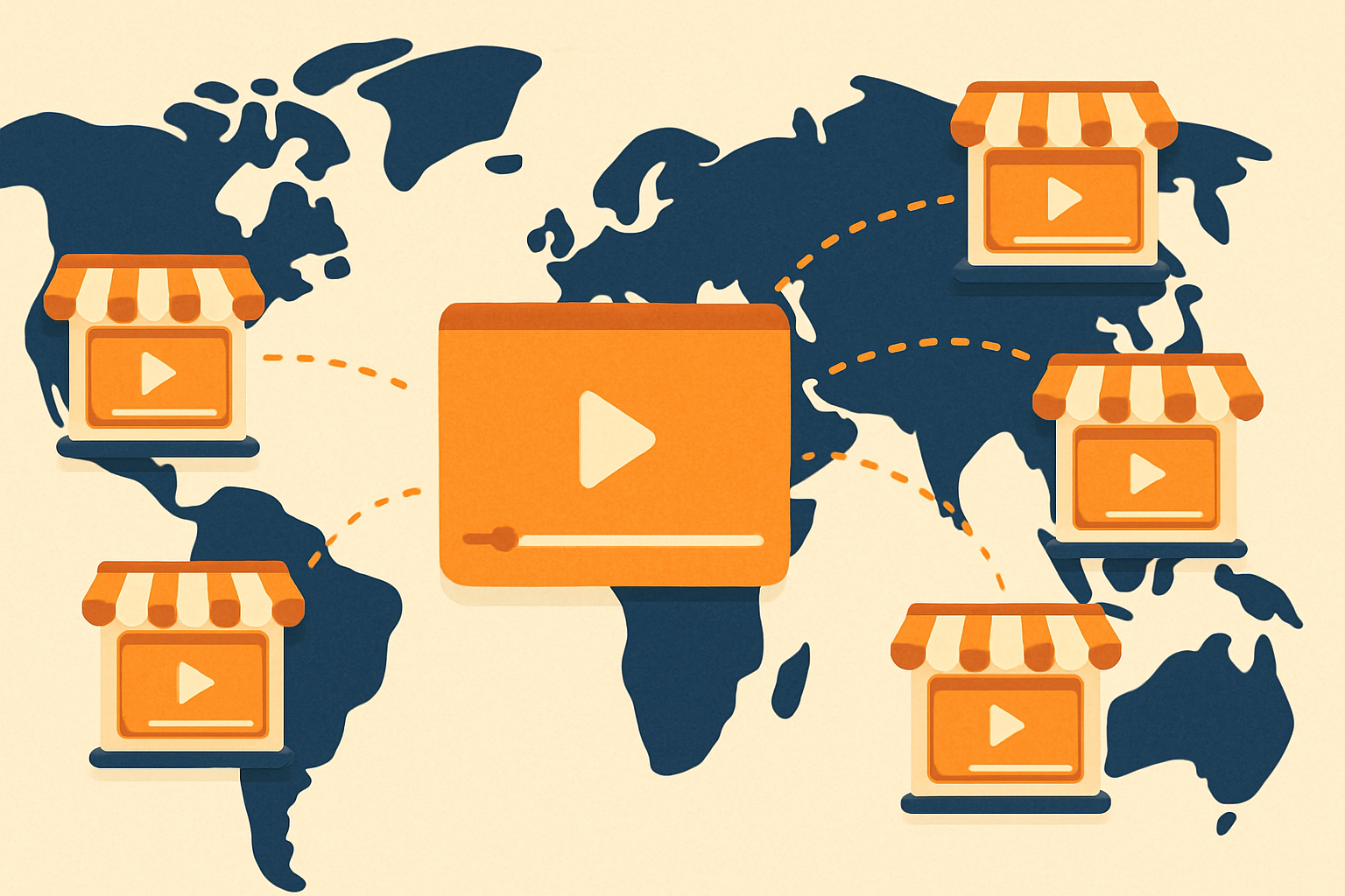 Illustration of one video clip being copied into several storefront screens across different regions