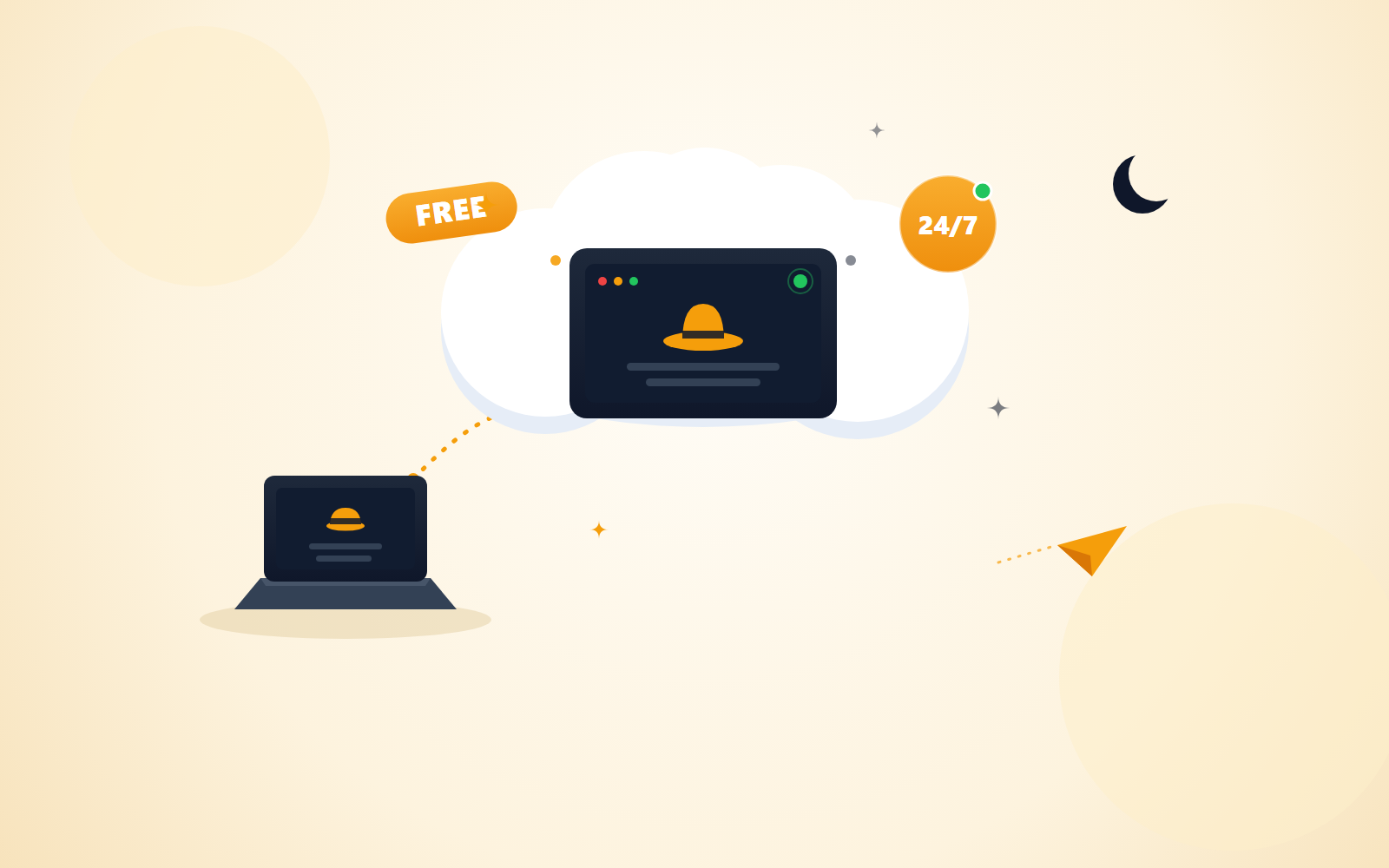 Illustration of a free always-on cloud computer running Influencer Butler around the clock