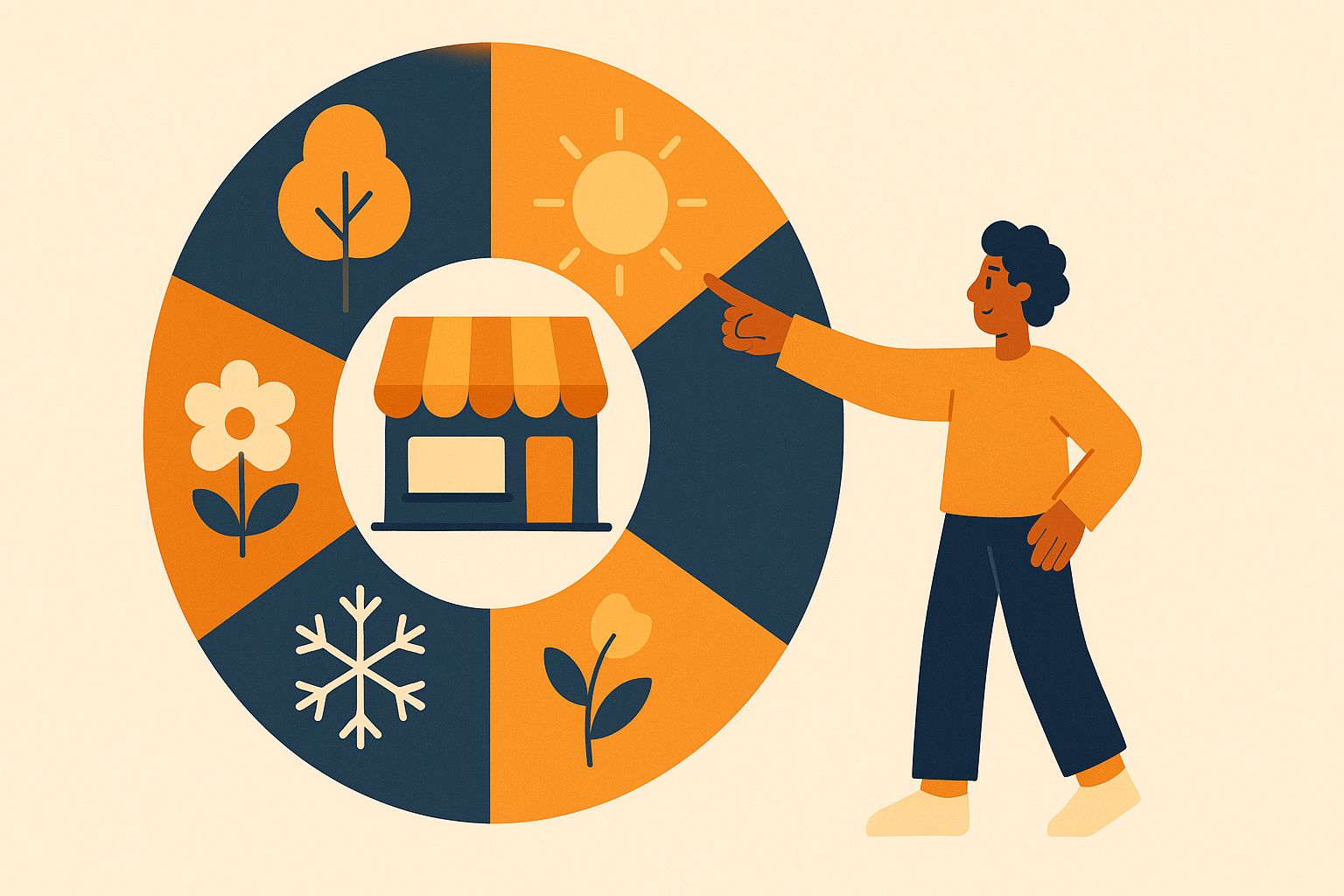 Illustration of four seasons around a storefront