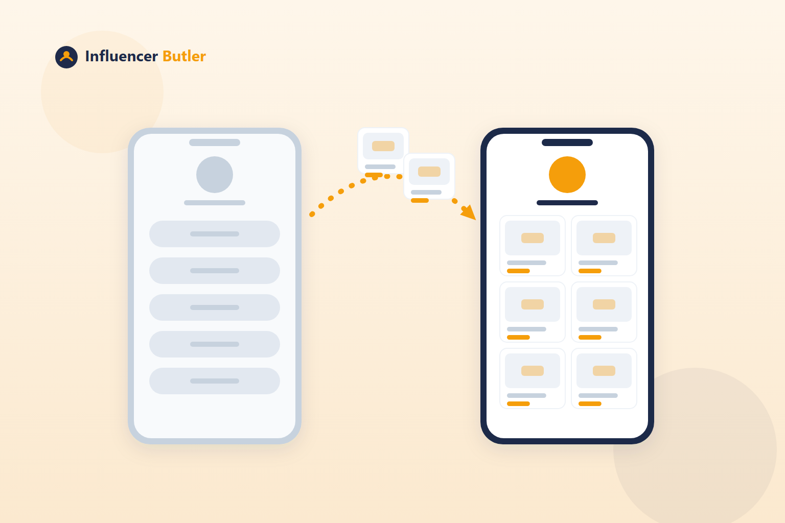 Illustration of tiles moving from a faded old phone page to a bright new one with an arrow between them