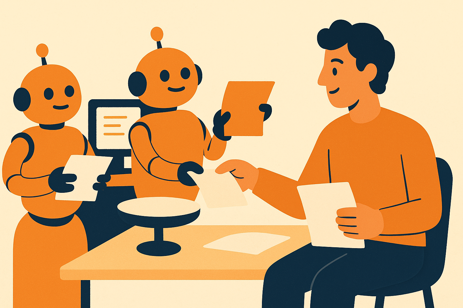 Illustration of a creator delegating busywork to helpers