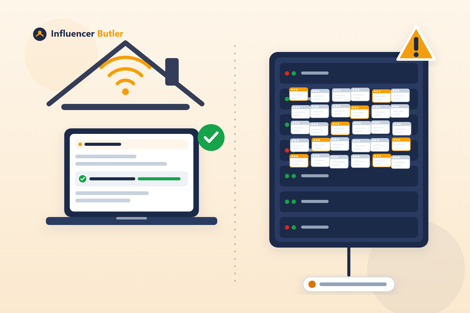 Illustration of a laptop at home posting from its own internet connection on one side, and a crowded data center server running many identical browser windows with a warning sign on the other