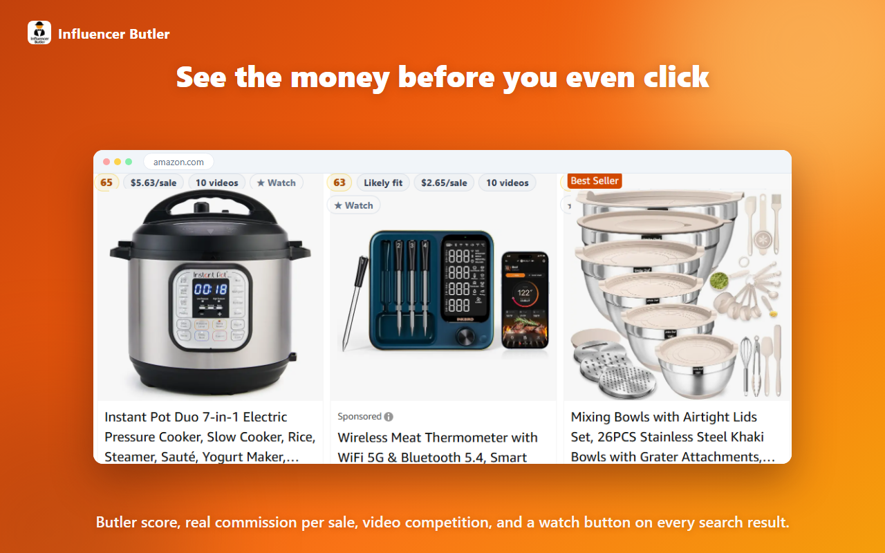 Amazon search results with Butler Score chips under each product