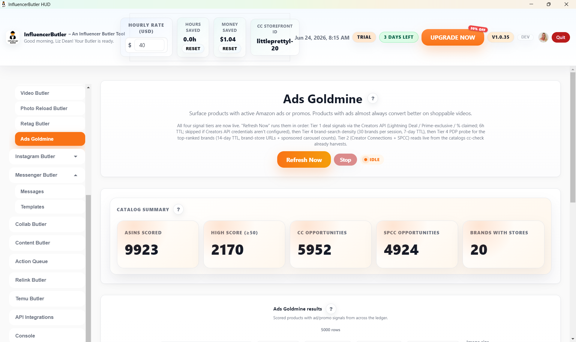 Ads Goldmine: ranked ASIN table with score, CC/SPCC pills, and deal badges