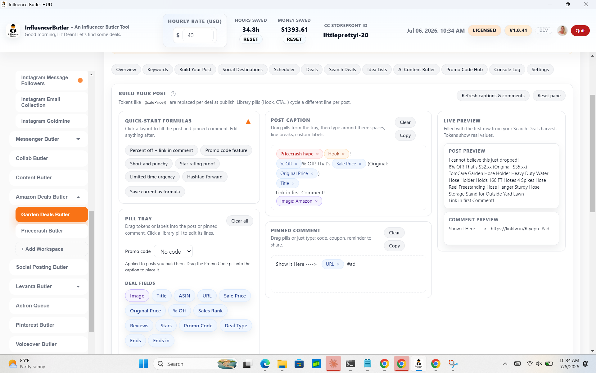 Deals Butler: post builder with AI-templated captions in your tone