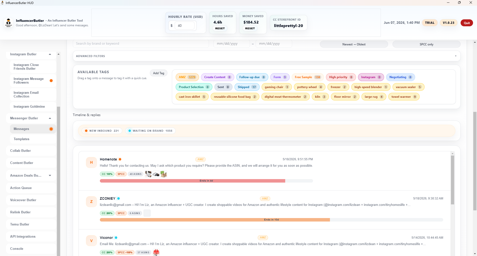 Amazon inbox with tags and quick replies