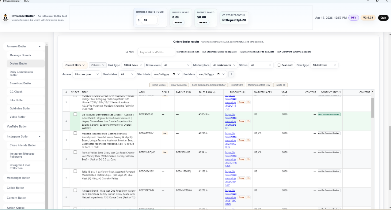 Orders Butler exported order table