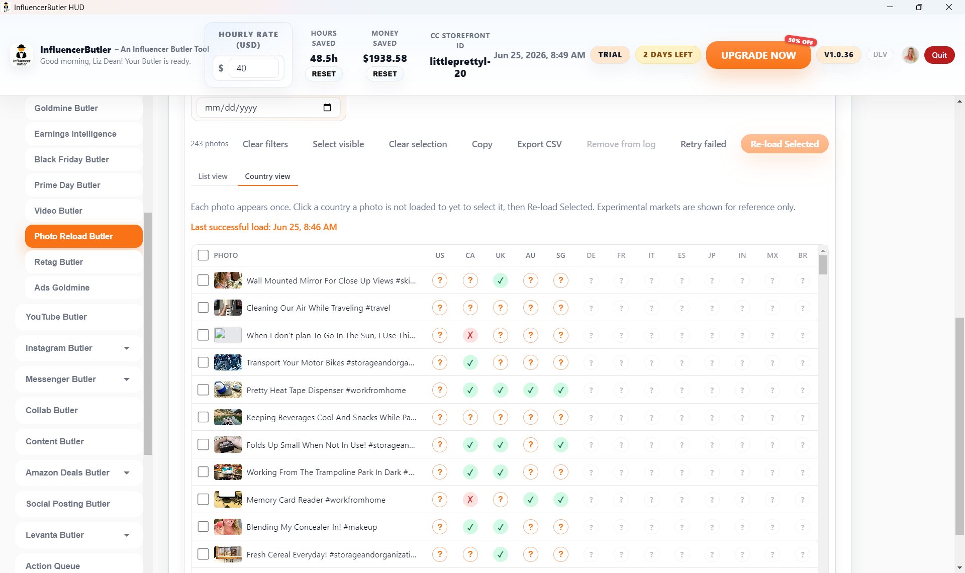 Photo Reload Butler - the Photo Log tracking every re-post with its destinations and status