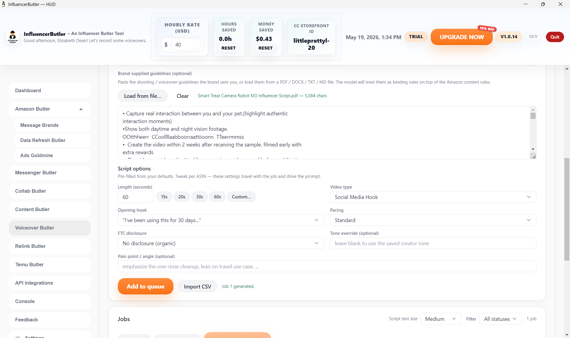 Voiceover Butler &mdash; script options panel with length, video type, opening hook, pacing, and FTC disclosure